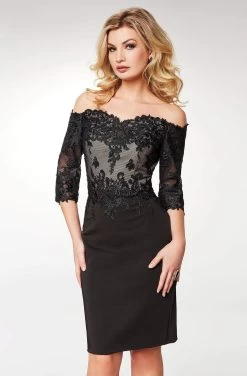 Clarisse - M6566 Lace Off-Shoulder Satin Sheath Knee Length Dress -Boutique Wedding Dress Store clarisse m6566 lace off shoulder satin sheath knee length dress cocktail dresses 6 black 28867683811411