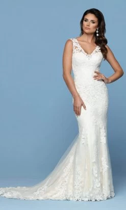 Da Vinci Bridal - 50549 V-Neck Filigree Lace Sheath Wedding Dress