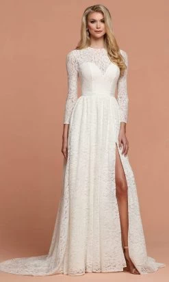 Da Vinci Bridal - 50596 Long Sleeve Lacey Slit Dress