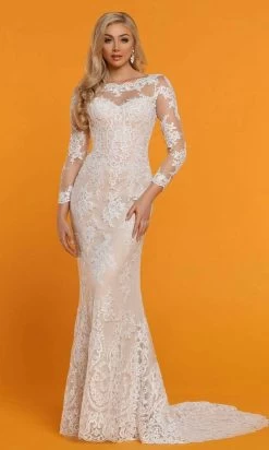 Da Vinci - Sheer Long Sleeve Lace Bridal Dress 50516 - 1 Pc Ivory/Nude In Size 12 Available