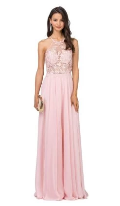 Dancing Queen - 2369 Embroidered Sheer Halter Chiffon Prom Dress