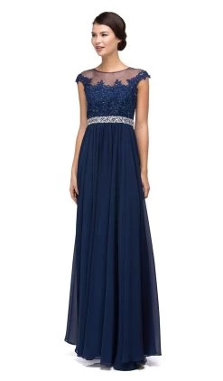 Dancing Queen - 9400 Illusion Neckline Beaded Belt A-Line Dress -Boutique Wedding Dress Store dancing queen 9400 illusion neckline beaded belt a line dress bridesmaid dresses xs navy 5997550927929