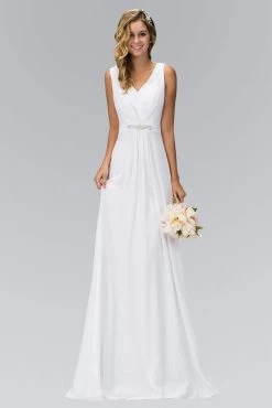 Elizabeth K - GL1389 Jewel-Accented Pleated V-Neck Chiffon Dress -Boutique Wedding Dress Store elizabeth k gl1389 jewel accented pleated v neck chiffon dress bridesmaid dresses xs white 28959454953555