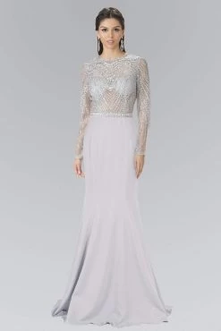 Elizabeth K - GL2339 Beaded Sheer Long Sleeve Sheath Evening Gown