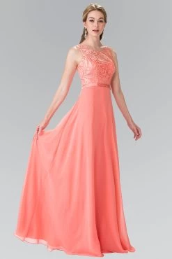 Elizabeth K - GL2364 Embroidered Illusion Top Chiffon A Line Dress -Boutique Wedding Dress Store elizabeth k gl2364 embroidered illusion top chiffon a line dress bridesmaid dresses xs coral 5412120821817
