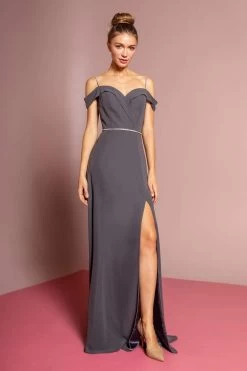 Elizabeth K - GL2665 Surplice Off Shoulder High Slit Gown -Boutique Wedding Dress Store elizabeth k gl2665 surplice off shoulder high slit gown bridesmaid dresses xs charcoal 7587767746643