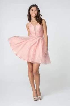 Elizabeth K - GS2865 Glitter Overlaid Plunging Bodice Short Dress