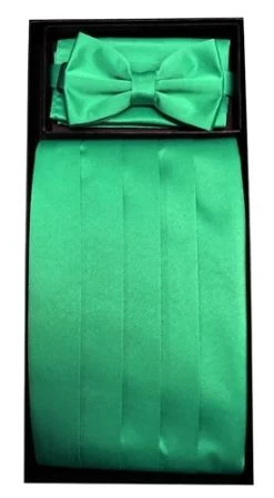 Emerald Green Poly Satin Cummerbund, Bow Tie, And Hanky Set