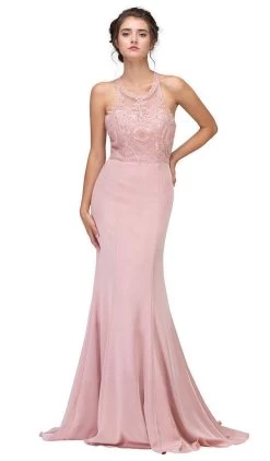 Eureka Fashion - 7133 Applique Halter Stretch Satin Trumpet Dress