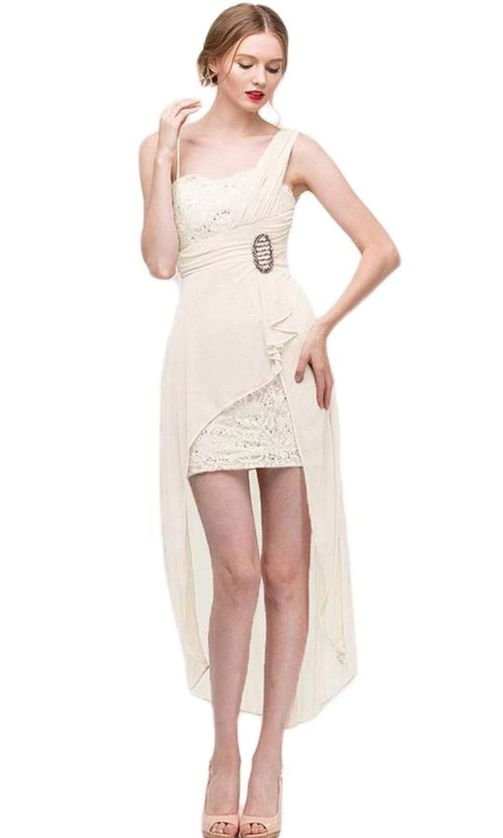 Eureka Fashion - Lace Mini Dress With High Low Chiffon Overskirt 1921 - 1 Pc White In Size XS Available 3 Eureka Fashion - Lace Mini Dress With High Low Chiffon Overskirt 1921 - 1 Pc White In Size XS Available