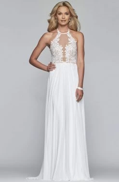 Faviana - S10203 Lace Applique Illusion Halter Evening Dress -Boutique Wedding Dress Store faviana s10203 lace applique illusion halter evening dress evening dresses 00 ivory 13719238443091