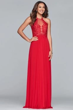 Faviana - S10203 Lace Applique Illusion Halter Evening Dress -Boutique Wedding Dress Store faviana s10203 lace applique illusion halter evening dress evening dresses 00 red 10701564182611