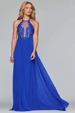 Faviana - S10203 Lace Applique Illusion Halter Evening Dress -Boutique Wedding Dress Store faviana s10203 lace applique illusion halter evening dress evening dresses 00 royal 10701649576019