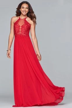 Faviana - S10203 Lace Applique Illusion Halter Evening Dress
