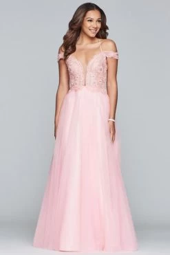 Faviana - S10229 Beaded Deep V-neck Tulle Ballgown