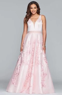 Faviana - S10230 Sleeveless Deep V-neck Satin Tulle Applique Ballgown