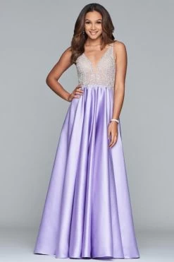 Faviana - S10291 Beaded Deep V-neck Satin Ballgown