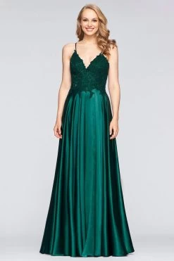 Faviana - S10400 Beaded Lace V Neck Flowy Satin Gown -Boutique Wedding Dress Store faviana s10400 beaded lace v neck flowy satin gown prom dresses 00 deep green 28057341296723