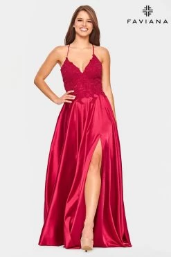 Faviana - S10400 Beaded Lace V Neck Flowy Satin Gown -Boutique Wedding Dress Store faviana s10400 beaded lace v neck flowy satin gown prom dresses 00 red 31527679197267