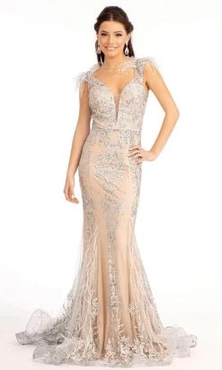 GLS By Gloria GL1983 - Feathered Glitter Mermaid Evening Dress -Boutique Wedding Dress Store gls by gloria gl1983 feathered glitter mermaid evening dress special occasion dress xs silver nude 30082270789715