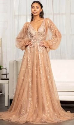 GLS By Gloria GL3001 - Long Puffed Sleeves Deep V-neck Evening Gown -Boutique Wedding Dress Store gls by gloria gl3001 long puffed sleeves deep v neck evening gown prom dresses xs sienna 30119702036563