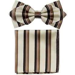 Ivory/Brown Striped Bow Tie With Pocket Square (Pointed Tip)