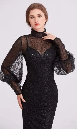 J'Adore Dresses - J15027 High Neck Bishop Sleeve Glittered Gown -Boutique Wedding Dress Store j adore j15027 high neck bishop sleeve glittered gown mother of the bride dresses 2 black 15644976971859