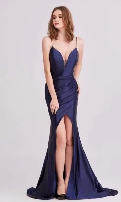 J'Adore Dresses - J15030 Plunging Neck Mid Slit Dress