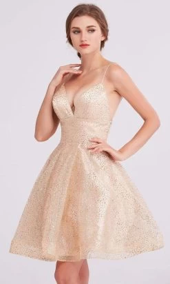 J'Adore Dresses - J15055 Plunging Neck Glittered Short Dress -Boutique Wedding Dress Store j adore j15055 plunging neck glittered short dress cocktail dresses 2 champagne 15888967598163