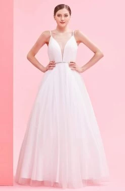 J'Adore Dresses - J16001 Sheer Plunging V Neck Sparkle Tulle Ballgown