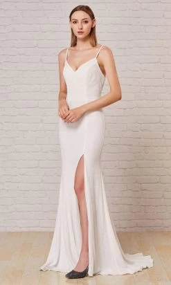 J'Adore Dresses - J18033 Spaghetti Strap Glitter High Slit Gown