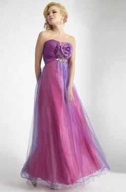 Janique - Long Strapless Ruched Rosette Accented Tulle Dress D116
