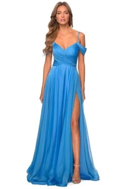 La Femme - 28942 Crisscross Surplice Cold Shoulder Gown -Boutique Wedding Dress Store la femme 28942 crisscross surplice cold shoulder gown bridesmaid dresses 00 cloud blue 13910193537107