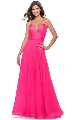 La Femme 30840 - Sleeveless A-Line Ruched Long Dress -Boutique Wedding Dress Store la femme 30840 sleeveless a line ruched long dress special occasion dress 00 neon pink 31787697766483