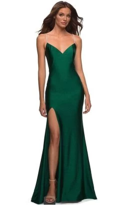 La Femme - Beaded Strap V-Neck Prom Gown 30435SC - 1 Pc Emerald In Size 2 Available