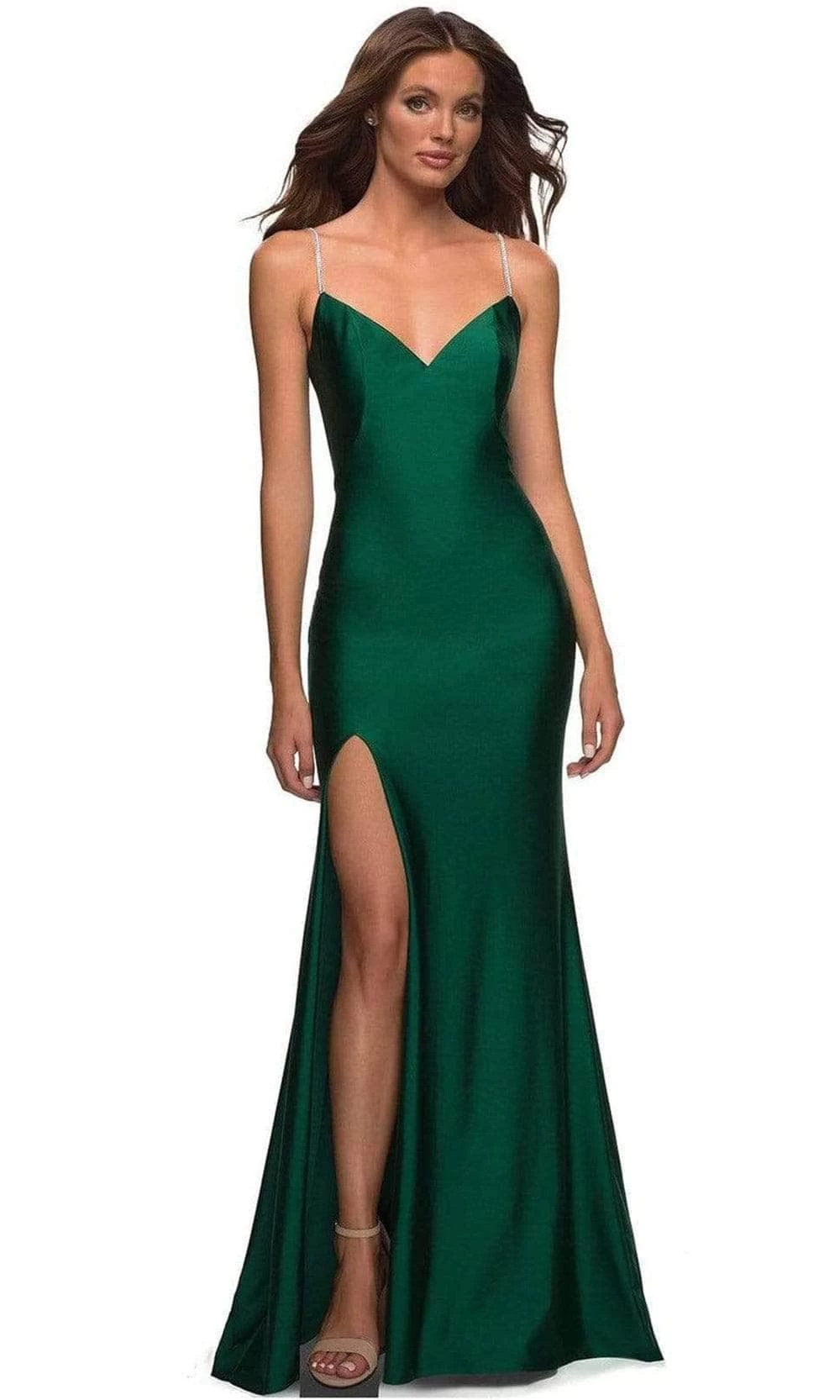 La Femme - Beaded Strap V-Neck Prom Gown 30435SC - 1 Pc Emerald In Size 2 Available 3 La Femme - Beaded Strap V-Neck Prom Gown 30435SC - 1 Pc Emerald In Size 2 Available