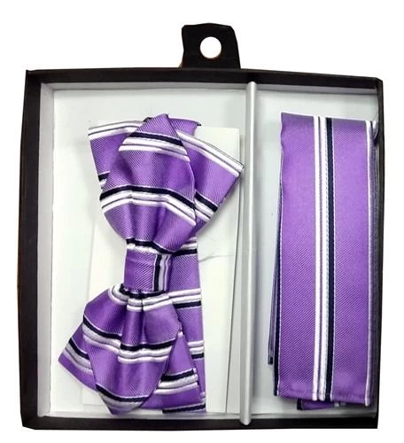 Lavender Striped Bow Tie With Pocket Square (Pointed Tip) 4 Lavender Striped Bow Tie With Pocket Square (Pointed Tip) - Image 2