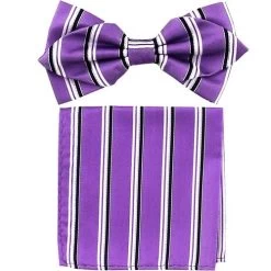 Lavender Striped Bow Tie With Pocket Square (Pointed Tip)