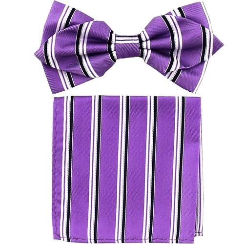 Lavender Striped Bow Tie With Pocket Square (Pointed Tip) 3 Lavender Striped Bow Tie With Pocket Square (Pointed Tip)
