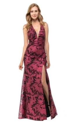 Lenovia - 5186 Sequined Pattern Plunging Halter Evening Gown
