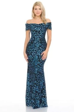 Lenovia - 5210 Ruched Off Shoulder Sheer Paisley Sequin Evening Dress -Boutique Wedding Dress Store lenovia 5210 ruched off shoulder sheer paisley sequin evening dress evening dresses xs black turquoise 28074742186067