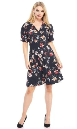 London Times - T3783M Floral Short Sleeve Fit And Flare Jacquard Dress