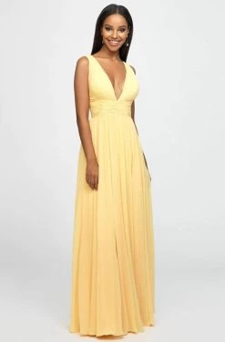 Madison James - 19-193 Plunging Neck Empire Waist Chiffon A-Line Gown -Boutique Wedding Dress Store madison james 19 193 plunging neck empire waist chiffon a line gown special occasion dress 0 yellow 13745170186323