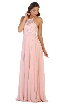 May Queen - MQ1507 Sleeveless Halter Neck Evening Dress - 1 Pc Blush In Size 14 Available