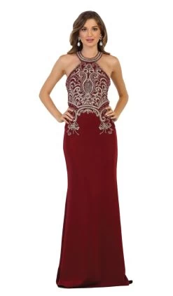 May Queen - MQ1538 Gilded Halter Neck Trumpet Dress -Boutique Wedding Dress Store may queen mq1538 gilded halter neck trumpet dress bridesmaid dresses 2 burgundy 28824673681491