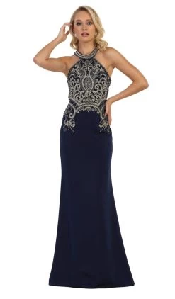 May Queen - MQ1538 Gilded Halter Neck Trumpet Dress -Boutique Wedding Dress Store may queen mq1538 gilded halter neck trumpet dress bridesmaid dresses 2 navy 7015239286867