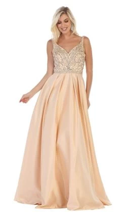 May Queen - MQ1632 Beaded V-Neck Pleated Ballgown
