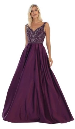 May Queen - MQ1632 Beaded V-Neck Pleated Ballgown -Boutique Wedding Dress Store may queen mq1632 beaded v neck pleated ballgown bridesmaid dresses 4 eggplant 28810989928531