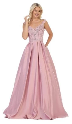 May Queen - MQ1632 Beaded V-Neck Pleated Ballgown -Boutique Wedding Dress Store may queen mq1632 beaded v neck pleated ballgown bridesmaid dresses 4 mauve 28811057332307