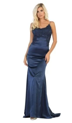 May Queen - MQ1651 Lace Scoop Trumpet Dress With Open Back 14 May Queen - MQ1651 Lace Scoop Trumpet Dress With Open Back -Boutique Wedding Dress Store may queen mq1651 lace scoop trumpet dress with open back bridesmaid dresses 2 navy 27990060695635